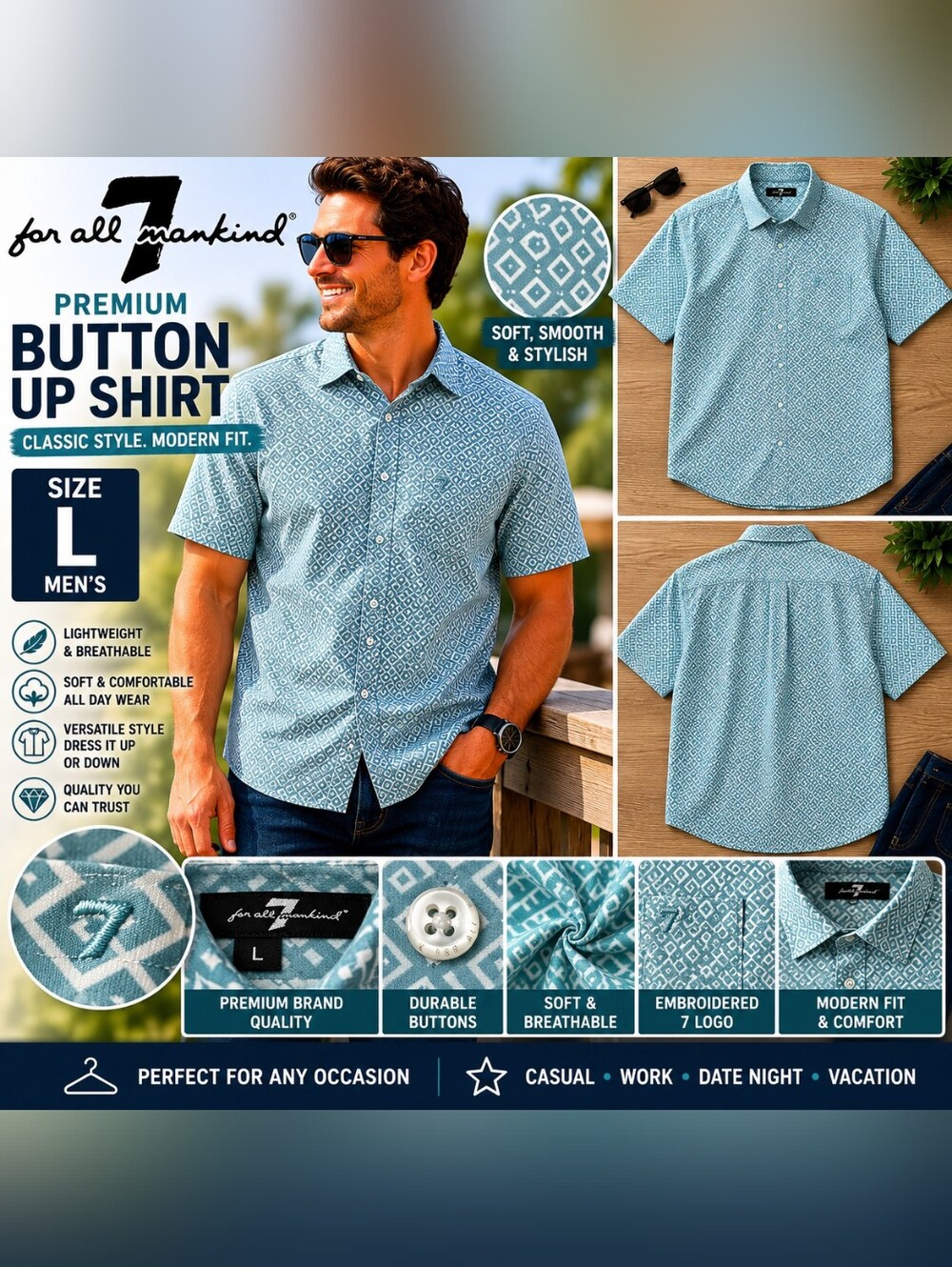 For All Mankind Blue/White Geometric Short Sleeve Button-Up Shirt Men's L